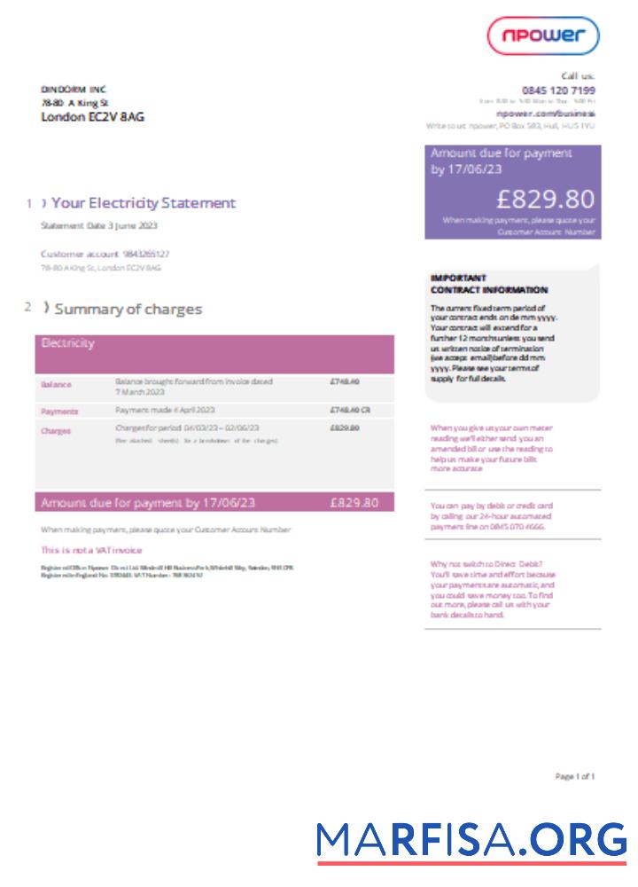 Downloadable Npower utility business bill, version 2, SCR template